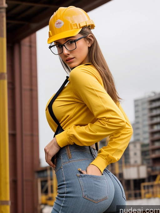 ai nude image of arafed woman in a hard hat and jeans posing for a picture pics of Model Two Busty Perfect Boobs Beautiful Glasses Small Ass Small Tits Perfect Body Construction Worker Side View 18