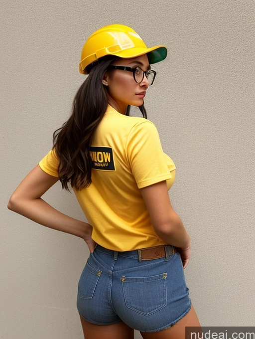 ai nude image of arafed woman in a yellow shirt and blue shorts posing for a picture pics of Model Two Busty Perfect Boobs Beautiful Glasses Small Ass Small Tits Perfect Body Construction Worker 18 Back View