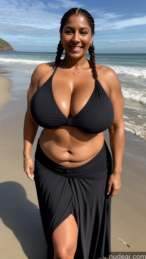 ai nude image of arafed woman in a black bikini and skirt on the beach pics of Milf Busty Huge Boobs Beautiful Tattoos Muscular Big Ass Thick Fat Big Hips Tall Dark Skin 50s Laughing Ginger Braided Indian Beach Front View T-pose Bikini Long Skirt Dark Lighting Sexy Face