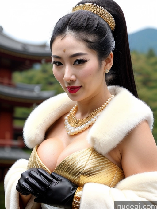 ai nude image of araffe woman in a gold dress and fur coat posing for a picture pics of Perfect Boobs Big Hips Oiled Body Perfect Body Ahegao Ponytail Japanese Onsen Dress Gloves Cleavage Diamond Jewelry Gold Jewelry Jewelry Pearl Jewelry Fur Black Hair 40s Geisha