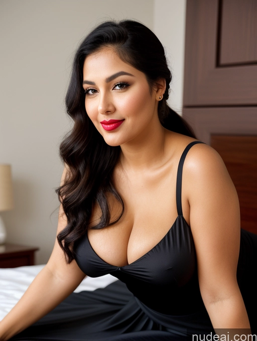 ai nude image of there is a woman in a black dress sitting on a bed pics of Woman One Perfect Boobs Beautiful Lipstick Big Ass Chubby Long Legs Perfect Body 30s Happy Seductive Pouting Lips Black Hair Ponytail Indian Bedroom Front View Dress Long Skirt Polo Shirt On Back