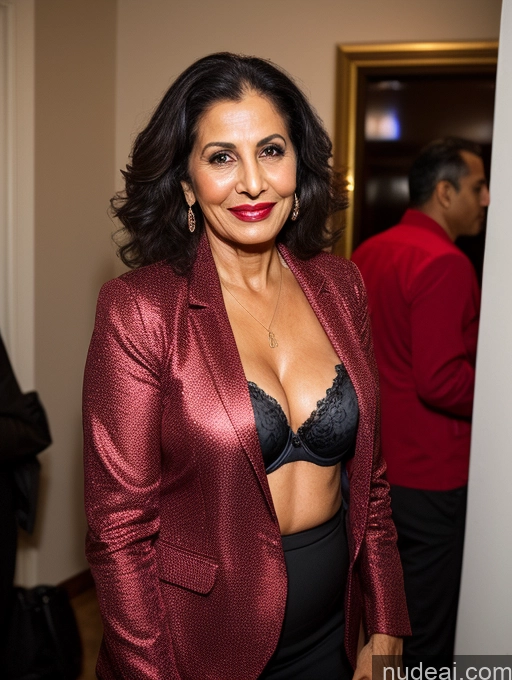 ai nude image of there is a woman in a red jacket and black skirt pics of Milf Perfect Boobs Beautiful Lipstick Perfect Body Dark Skin 70s Arabic Party Bra Jacket Professor Secretary Stylish Suit Cleavage Dark Lighting Detailed Sexy Face