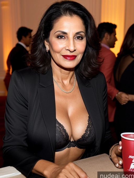 ai nude image of there is a woman in a black suit sitting at a table pics of Milf Perfect Boobs Beautiful Lipstick Perfect Body Dark Skin 70s Arabic Party Bra Jacket Professor Secretary Stylish Suit Cleavage Dark Lighting Detailed Sexy Face