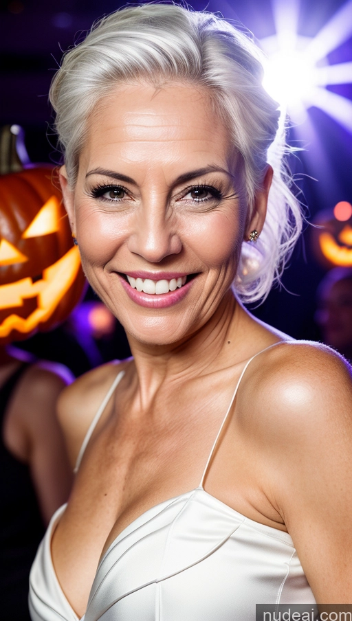 ai nude image of blond woman with white hair and a white dress smiling at the camera pics of Happy White Hair Slicked Club Detailed Skinny Woman 50s Halloween