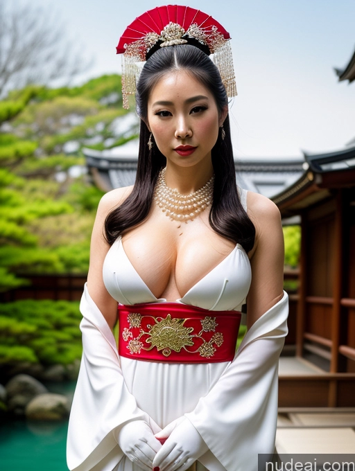 ai nude image of araffe asian woman in a white dress and red sash pics of Perfect Boobs Big Hips Oiled Body Perfect Body Ponytail Japanese Onsen Dress Gloves Cleavage Jewelry Pearl Jewelry Black Hair Pubic Hair Geisha Fairer Skin Fantasy Armor 20s Serious