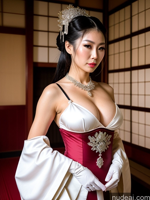 ai nude image of there is a woman in a red and white dress posing for a picture pics of Perfect Boobs Big Hips Oiled Body Perfect Body Ponytail Japanese Onsen Dress Gloves Cleavage Jewelry Pearl Jewelry Black Hair Pubic Hair Geisha Fairer Skin Fantasy Armor 20s Serious