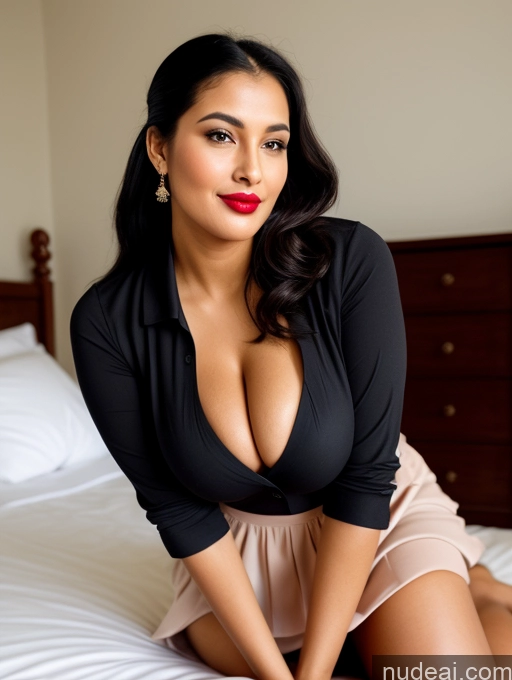 ai nude image of araffe woman in a black top and pink skirt sitting on a bed pics of Woman One Perfect Boobs Beautiful Lipstick Big Ass Chubby Long Legs Perfect Body 30s Happy Seductive Pouting Lips Black Hair Ponytail Indian Bedroom Front View Dress Long Skirt Polo Shirt On Back Teacher Suit