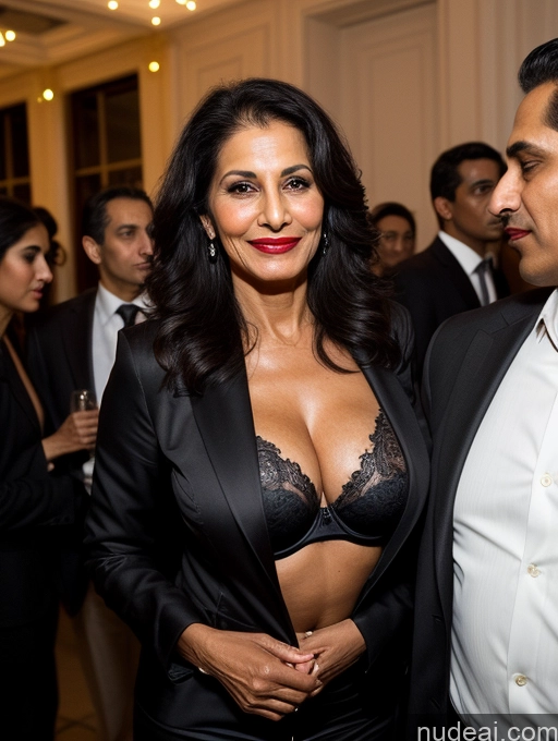 ai nude image of there is a woman in a black dress and a man in a suit pics of Milf Perfect Boobs Beautiful Lipstick Perfect Body Dark Skin 70s Arabic Party Bra Jacket Professor Secretary Stylish Suit Cleavage Dark Lighting Detailed Sexy Face