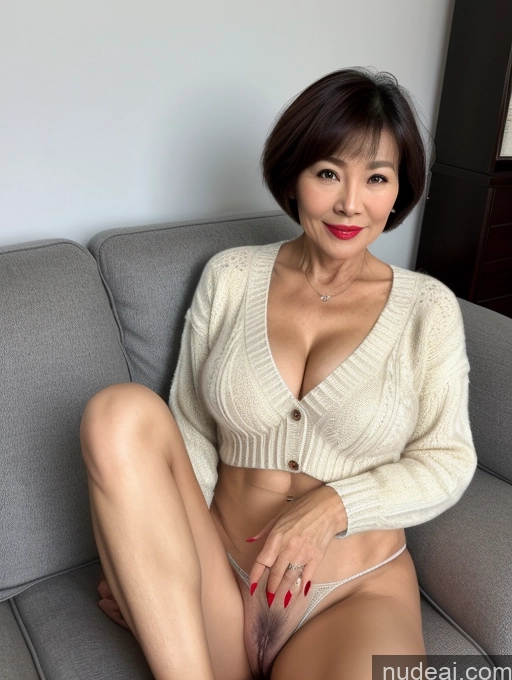 ai nude image of arafed asian woman in a white sweater and red lipstick sitting on a couch pics of Milf Perfect Boobs Beautiful Lipstick Perfect Body Pubic Hair Short Hair 60s Chinese Spreading Legs Sweater Partially Nude Detailed