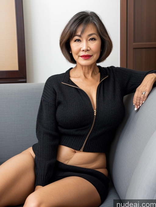 ai nude image of there is a woman sitting on a couch with a black top pics of Milf Perfect Boobs Beautiful Lipstick Perfect Body Pubic Hair Short Hair 70s Vietnamese Couch Professor Secretary Stylish Sweater Topless Dark Lighting Detailed Sexy Face