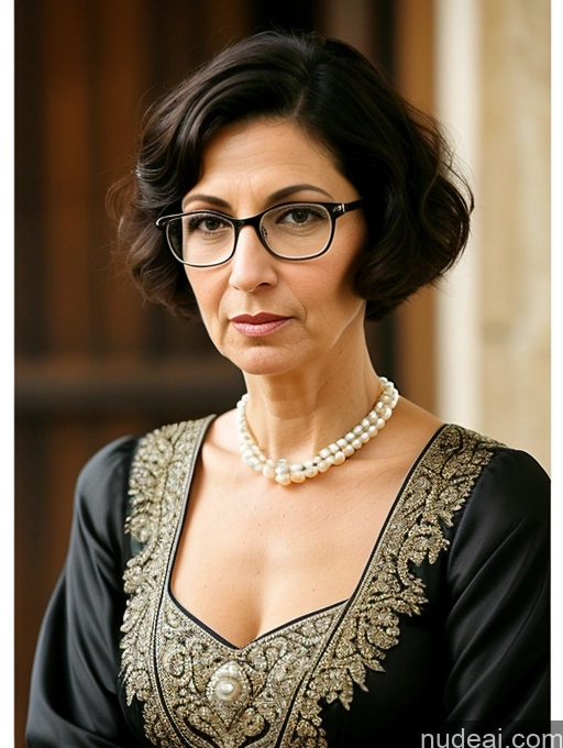 ai nude image of arafed woman with glasses and a pearl necklace looks off to the side pics of Milf Glasses Short Skinny Pregnant 50s Serious Shocked Black Hair Short Hair Jewish Dress Medieval Traditional Pearl Jewelry