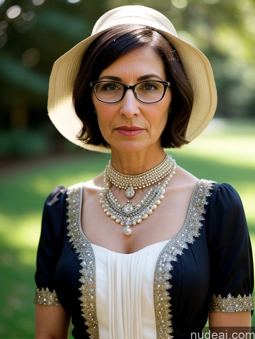 ai nude image of there is a woman wearing a hat and glasses standing in a field pics of Milf Glasses Short Skinny Pregnant 50s Serious Shocked Black Hair Short Hair Jewish Dress Medieval Traditional Pearl Jewelry