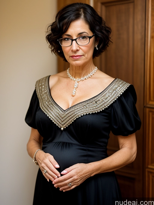 ai nude image of pregnant woman in black dress with gold trim and glasses pics of Milf Glasses Short Skinny Pregnant 50s Serious Shocked Black Hair Short Hair Jewish Dress Medieval Traditional Pearl Jewelry