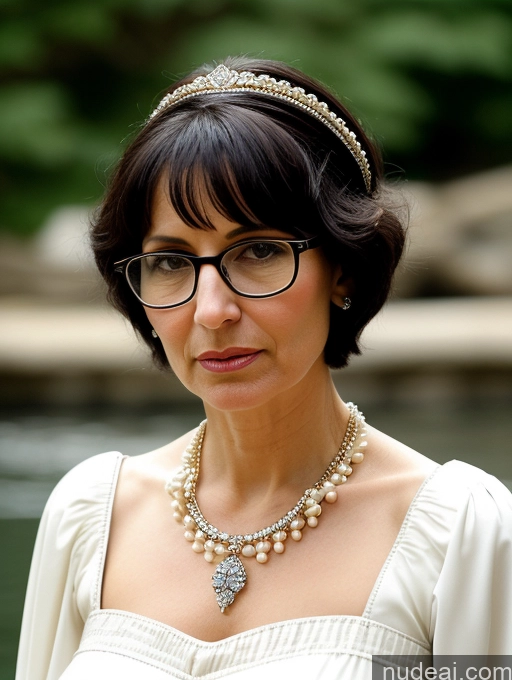 ai nude image of there is a woman wearing a tiara and glasses standing by a pond pics of Milf Glasses Short Skinny Pregnant 50s Serious Shocked Black Hair Short Hair Jewish Dress Medieval Traditional Pearl Jewelry