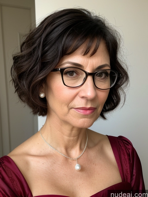 ai nude image of there is a woman wearing glasses and a red dress posing for a picture pics of Milf Glasses Short Skinny Pregnant 50s Serious Shocked Black Hair Short Hair Jewish Dress Medieval Traditional Pearl Jewelry