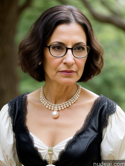 ai nude image of there is a woman wearing a black and white dress and a pearl necklace pics of Milf Glasses Short Skinny Pregnant 50s Serious Shocked Black Hair Short Hair Jewish Dress Medieval Traditional Pearl Jewelry