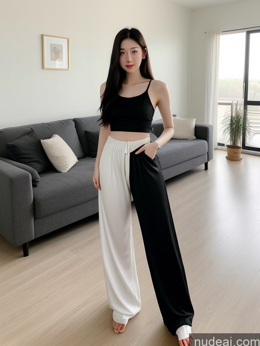 ai nude image of arafed woman in black and white pants standing in a living room pics of Harem Pants Spreading Legs Korean Long Hair Black Hair 18 Fairer Skin Skinny Beautiful Two Stylish