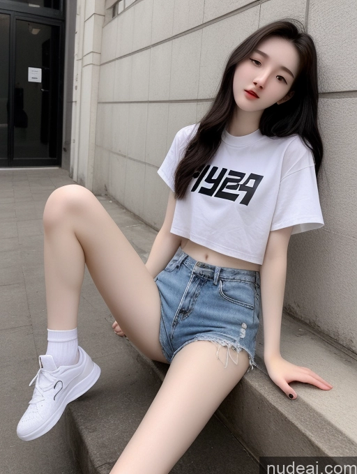 ai nude image of arafed woman sitting on a ledge wearing a white shirt and denim shorts pics of Spreading Legs Korean Long Hair Black Hair 18 Fairer Skin Skinny Beautiful Two Hip Hop