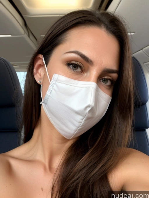 ai nude image of arafed woman wearing a face mask on an airplane pics of Beautiful Perfect Body Long Legs Tall Fairer Skin Oiled Body 30s Sad Serious Shocked Sexy Face Seductive Long Hair Hungarian Flight Attendant Model Angry Face Mask