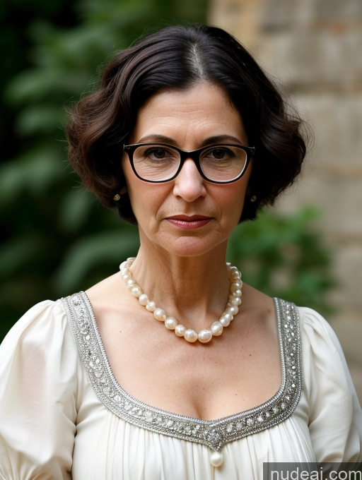 ai nude image of there is a woman wearing glasses and a pearl necklace pics of Milf Glasses Short Skinny Pregnant 50s Serious Shocked Black Hair Short Hair Jewish Dress Medieval Traditional Pearl Jewelry