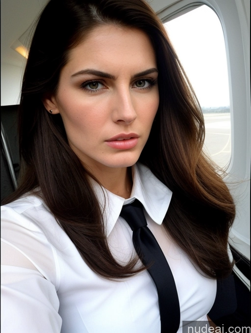 ai nude image of arafed woman in a white shirt and black tie looking at the camera pics of Beautiful Perfect Body Long Legs Tall Fairer Skin Oiled Body Sad Serious Shocked Sexy Face Seductive Long Hair Hungarian Flight Attendant Model Angry 80s 20s 70s