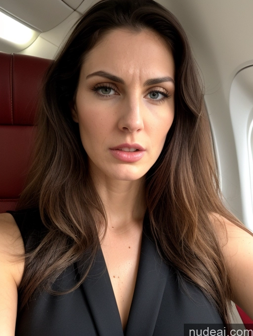 ai nude image of woman with long brown hair sitting in a seat on a plane pics of Beautiful Perfect Body Long Legs Tall Fairer Skin Oiled Body Sad Serious Shocked Sexy Face Seductive Long Hair Hungarian Flight Attendant Model Angry 80s 90s 20s