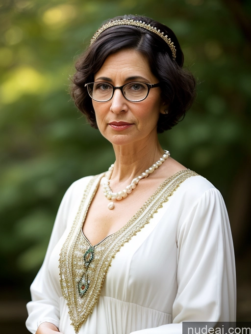 ai nude image of arafed woman in a white dress and glasses with a necklace and a pearl necklace pics of Milf Glasses Short Skinny Pregnant 50s Serious Shocked Black Hair Short Hair Jewish Dress Medieval Traditional Pearl Jewelry