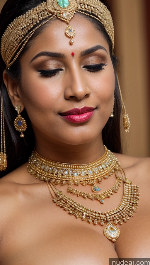 ai nude image of a close up of a woman wearing a gold necklace and earrings pics of Woman Busty Huge Boobs Beautiful Lipstick Big Ass Fairer Skin 50s Orgasm Black Hair Long Hair Indian Skin Detail (beta) Traditional Sari Jewelry Gold Jewelry Bright Lighting Detailed Thong Close-up View