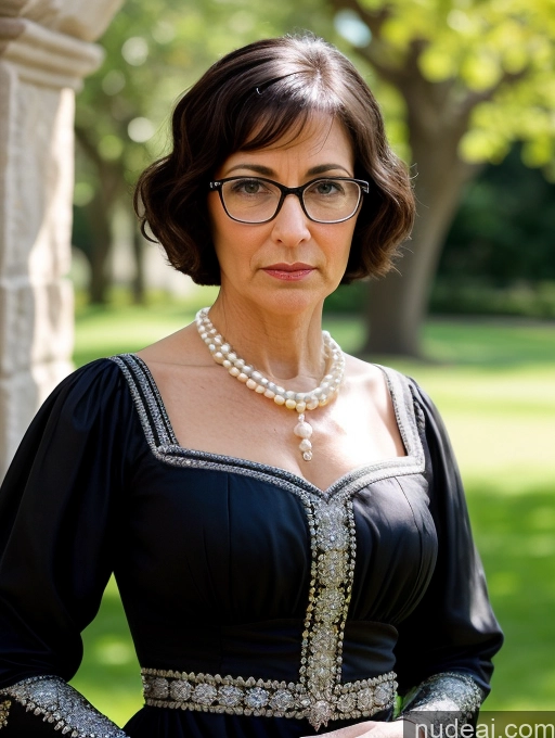 ai nude image of woman in black dress with pearls and glasses standing in front of a stone archway pics of Milf Glasses Short Skinny Pregnant 50s Serious Shocked Black Hair Short Hair Jewish Dress Medieval Traditional Pearl Jewelry