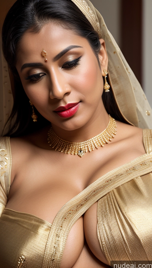 ai nude image of araffed woman in a gold sari with a red lipstick pics of Woman Busty Huge Boobs Beautiful Lipstick Big Ass Fairer Skin 50s Orgasm Black Hair Long Hair Indian Skin Detail (beta) Traditional Sari Jewelry Gold Jewelry Bright Lighting Detailed Thong Close-up View