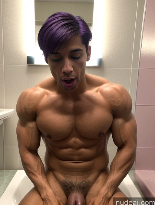 ai nude image of arafed man with purple hair sitting on a toilet in a bathroom pics of Bodybuilder One Busty Beautiful Muscular Skinny 30s Orgasm Purple Hair Short Hair Brazilian Soft Anime Bathroom Front View Blowjob Nude Bright Lighting