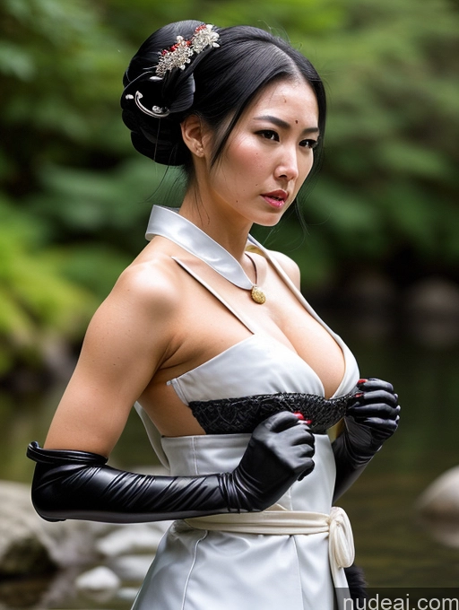 ai nude image of there is a woman in a white dress and black gloves pics of Perfect Boobs Big Hips Oiled Body Perfect Body Black Hair Ponytail Pubic Hair Japanese Onsen Dress Geisha Gloves Sci-fi Armor Cleavage Jewelry Pearl Jewelry 20s Angry Fairer Skin