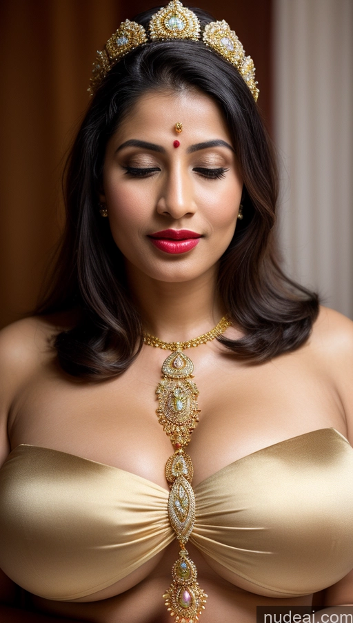 ai nude image of araffe woman in a gold bra top with a gold necklace and a gold necklace pics of Woman Busty Huge Boobs Beautiful Lipstick Big Ass Fairer Skin 50s Orgasm Black Hair Long Hair Indian Skin Detail (beta) Traditional Sari Jewelry Gold Jewelry Bright Lighting Detailed Thong Close-up View