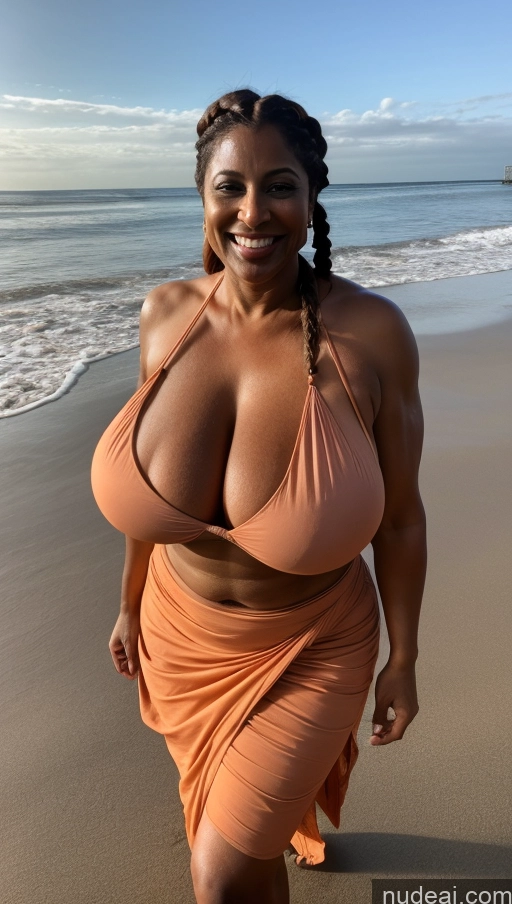 ai nude image of arafed woman in a bikini walking on the beach pics of Milf Busty Huge Boobs Beautiful Tattoos Muscular Big Ass Thick Fat Big Hips Tall Dark Skin 50s Laughing Ginger Braided Indian Beach Front View T-pose Bikini Long Skirt Dark Lighting Sexy Face