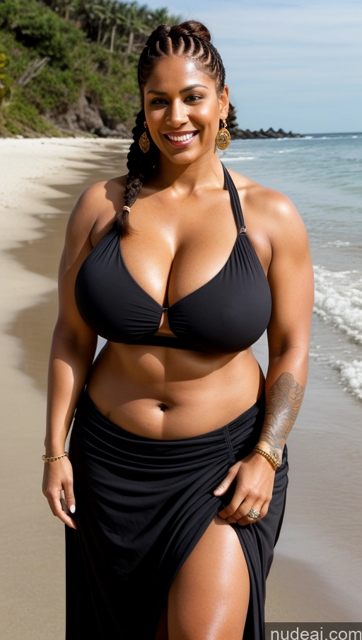 ai nude image of araffe woman in a black bikini and a black skirt on a beach pics of Milf Busty Huge Boobs Beautiful Tattoos Muscular Big Ass Thick Big Hips Tall Laughing Ginger Braided Indian Beach Front View Dark Lighting Sexy Face Dark Skin Bikini Working Out 30s Long Skirt Chubby