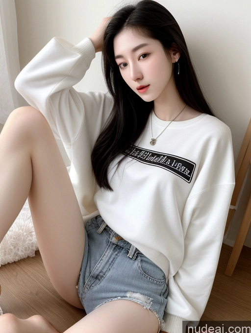 ai nude image of araffed woman sitting on the floor wearing a white sweatshirt and denim shorts pics of Beautiful Skinny Perfect Body Fairer Skin 18 Black Hair Long Hair Korean Spreading Legs 90s