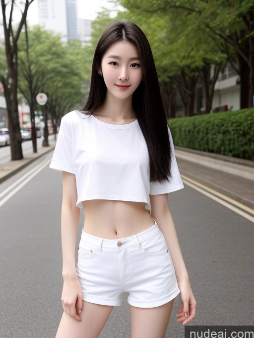 ai nude image of araffe asian woman in white shirt and white shorts posing for a picture pics of Beautiful Skinny Perfect Body Fairer Skin 18 Black Hair Long Hair Korean Spreading Legs Casual