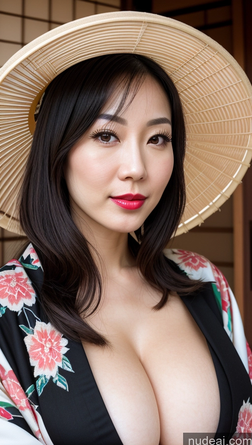 ai nude image of arafed asian woman with large breast wearing a hat and black dress pics of Woman One Huge Boobs Beautiful Lipstick Fairer Skin 30s Bobcut Japanese Close-up View Simple Detailed Black Hair Kimono