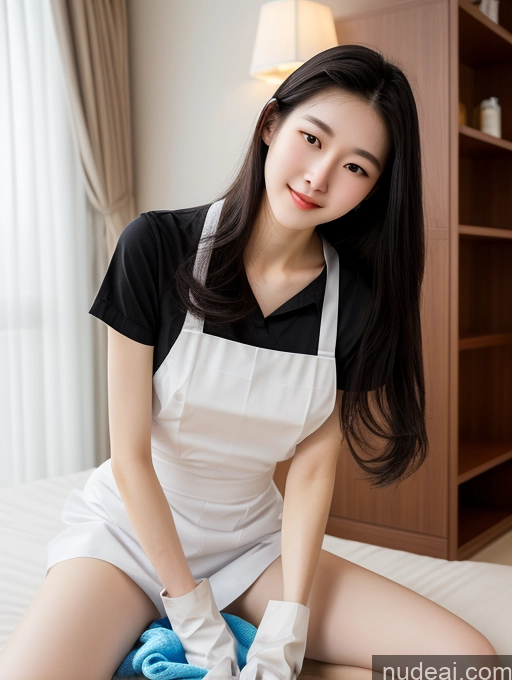 ai nude image of arafed woman in white apron and white gloves sitting on a bed pics of Beautiful Skinny Perfect Body Fairer Skin 18 Black Hair Long Hair Korean Spreading Legs Maid