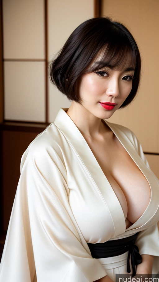 ai nude image of araffed asian woman in a white robe posing for a picture pics of Woman One Huge Boobs Beautiful Lipstick Fairer Skin 30s Bobcut Japanese Close-up View Simple Detailed Black Hair Kimono