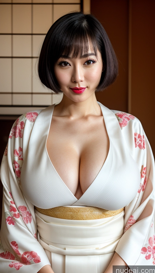 ai nude image of araffe asian woman in kimono dress posing for a picture pics of Woman One Huge Boobs Beautiful Lipstick Fairer Skin 30s Bobcut Japanese Close-up View Simple Detailed Black Hair Kimono