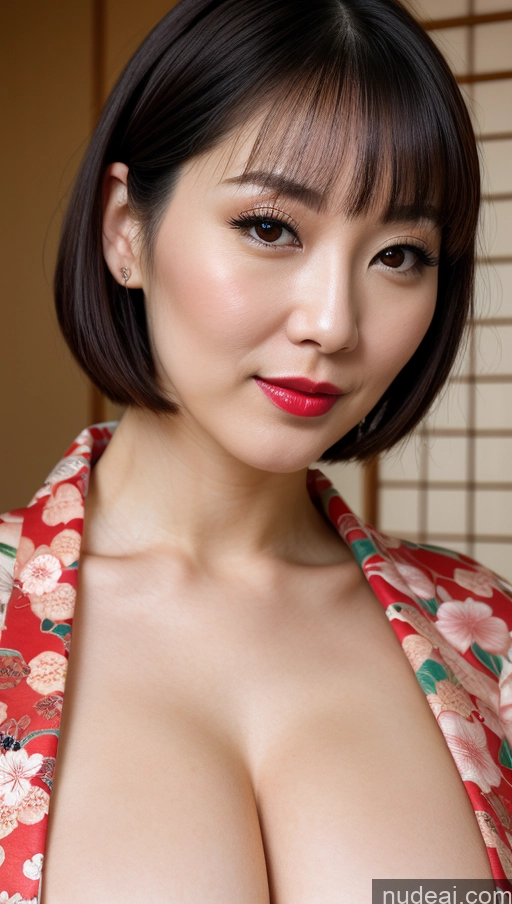 ai nude image of arafed asian woman with a red kimono jacket posing for a picture pics of Woman One Huge Boobs Beautiful Lipstick Fairer Skin 30s Bobcut Japanese Close-up View Simple Detailed Black Hair Kimono