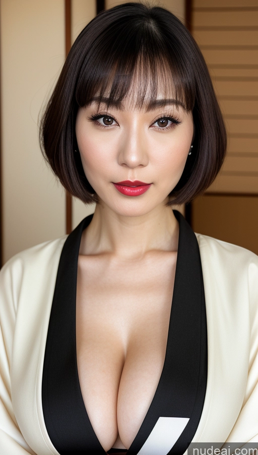 ai nude image of arafed asian woman with a black and white top and a red lip pics of Woman One Huge Boobs Beautiful Lipstick Fairer Skin 30s Bobcut Japanese Close-up View Simple Detailed Black Hair Kimono