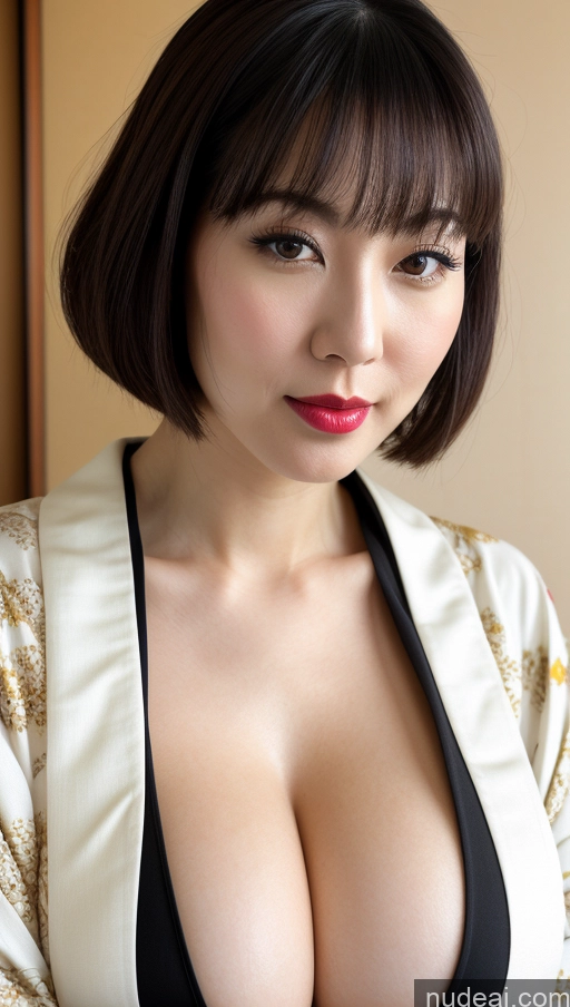 ai nude image of arafed asian woman with a very big breast posing for a picture pics of Woman One Huge Boobs Beautiful Lipstick Fairer Skin 30s Bobcut Japanese Close-up View Simple Detailed Black Hair Kimono