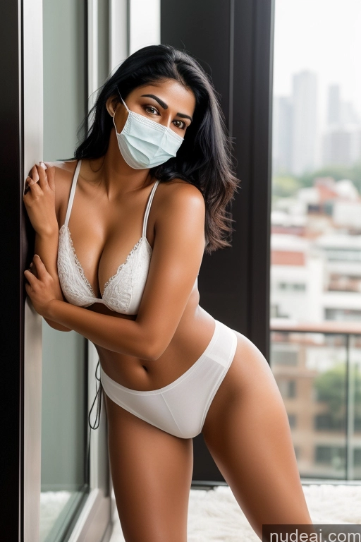 ai nude image of araffe wearing a mask and white underwear standing in front of a window pics of Woman Perfect Boobs 20s Black Hair Straight Indian Face Mask Detailed