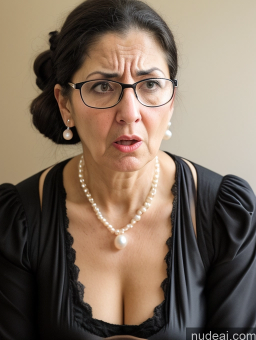 ai nude image of there is a woman with glasses and pearls on her neck pics of Milf Glasses Skinny Short Pregnant Shocked Angry Black Hair Jewish Front View Dress Medieval Traditional Pearl Jewelry Ponytail Bending Over