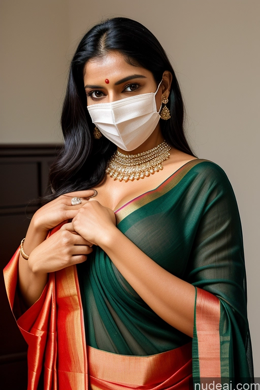 ai nude image of woman wearing a mask and green sari with red and gold jewelry pics of Woman Perfect Boobs 20s Black Hair Straight Indian Detailed Bedroom Face Mask Sari