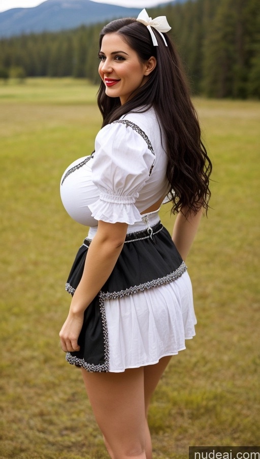 ai nude image of arafed woman in a maid outfit posing in a field pics of Huge Boobs Perfect Boobs Busty Big Ass Perfect Body Thick Fairer Skin Lipstick Spanish Dirndl Black Hair Long Hair Western Laughing Bows 20s Side View Mini Skirt