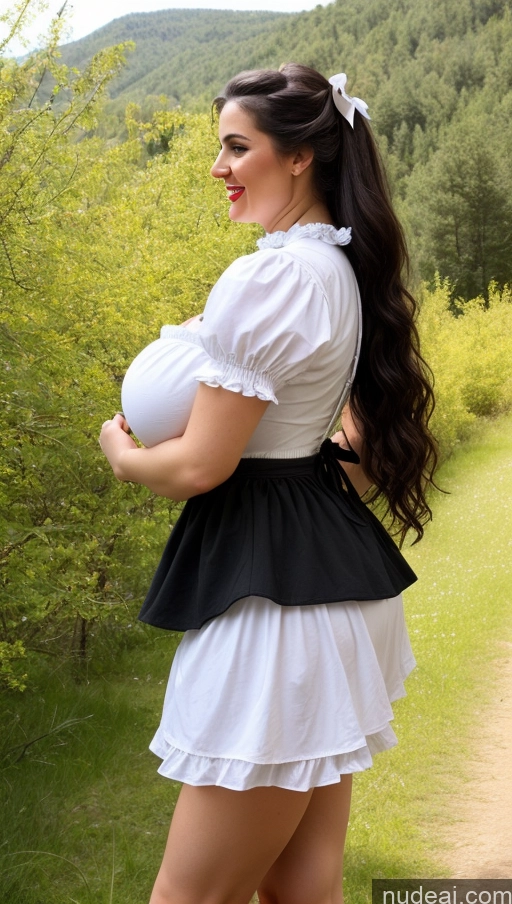 ai nude image of there is a woman in a maid outfit posing for a picture pics of Huge Boobs Perfect Boobs Busty Big Ass Perfect Body Thick Fairer Skin Lipstick Spanish Dirndl Black Hair Long Hair Western Laughing Bows 20s Side View Mini Skirt