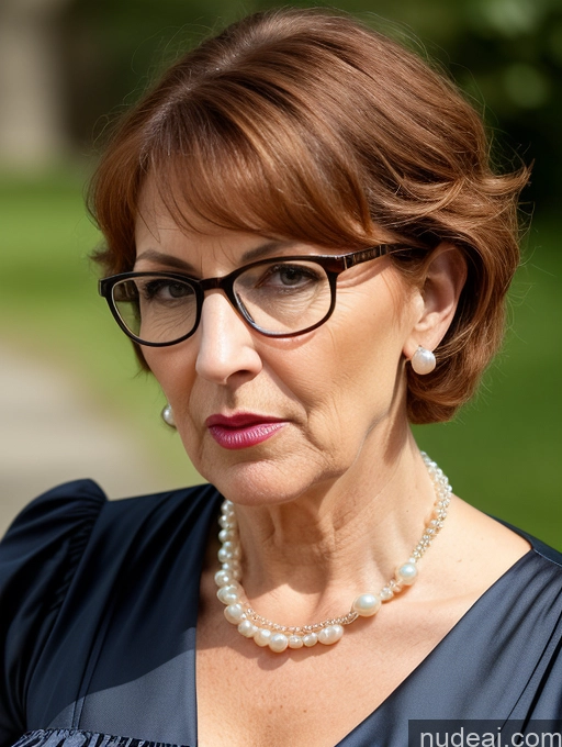 ai nude image of there is a woman with glasses and a pearl necklace on pics of Milf Busty Skinny Short Pregnant Lipstick 50s Serious Angry Shocked Ginger Short Hair Glasses Jewish Front View Dress Medieval Traditional Pearl Jewelry